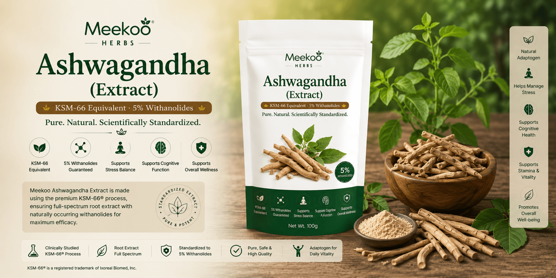 Ashwagandha (Extract) (KSM-66 Equivalent · 5% Withanolides) — Meekoo organic