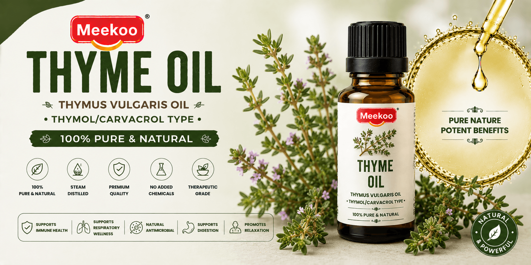 Thyme Oil (Thymus vulgaris Oil · Thymol/Carvacrol Type) — Meekoo organic
