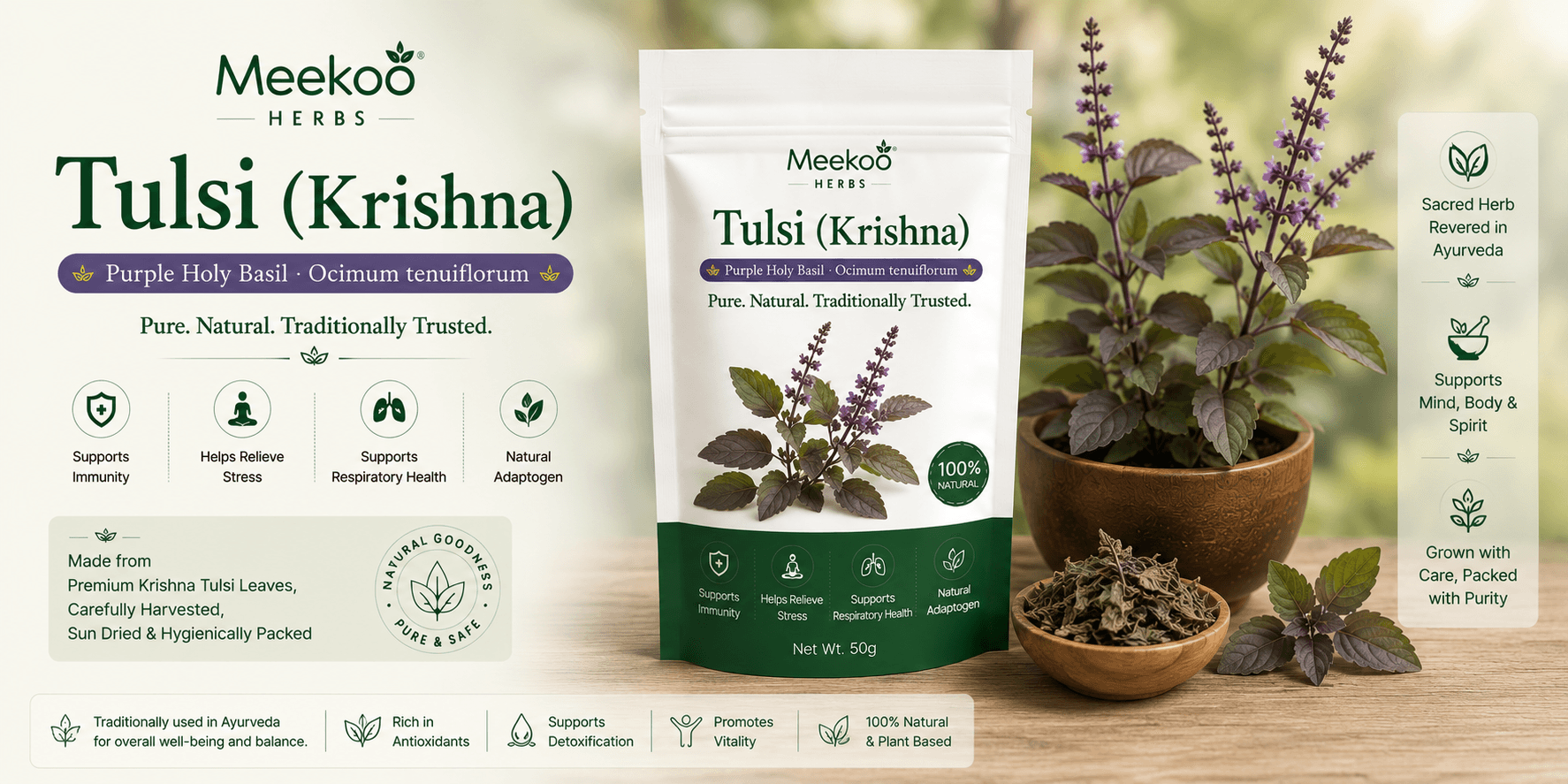 Tulsi (Krishna) (Purple Holy Basil · Ocimum tenuiflorum) — Meekoo organic
