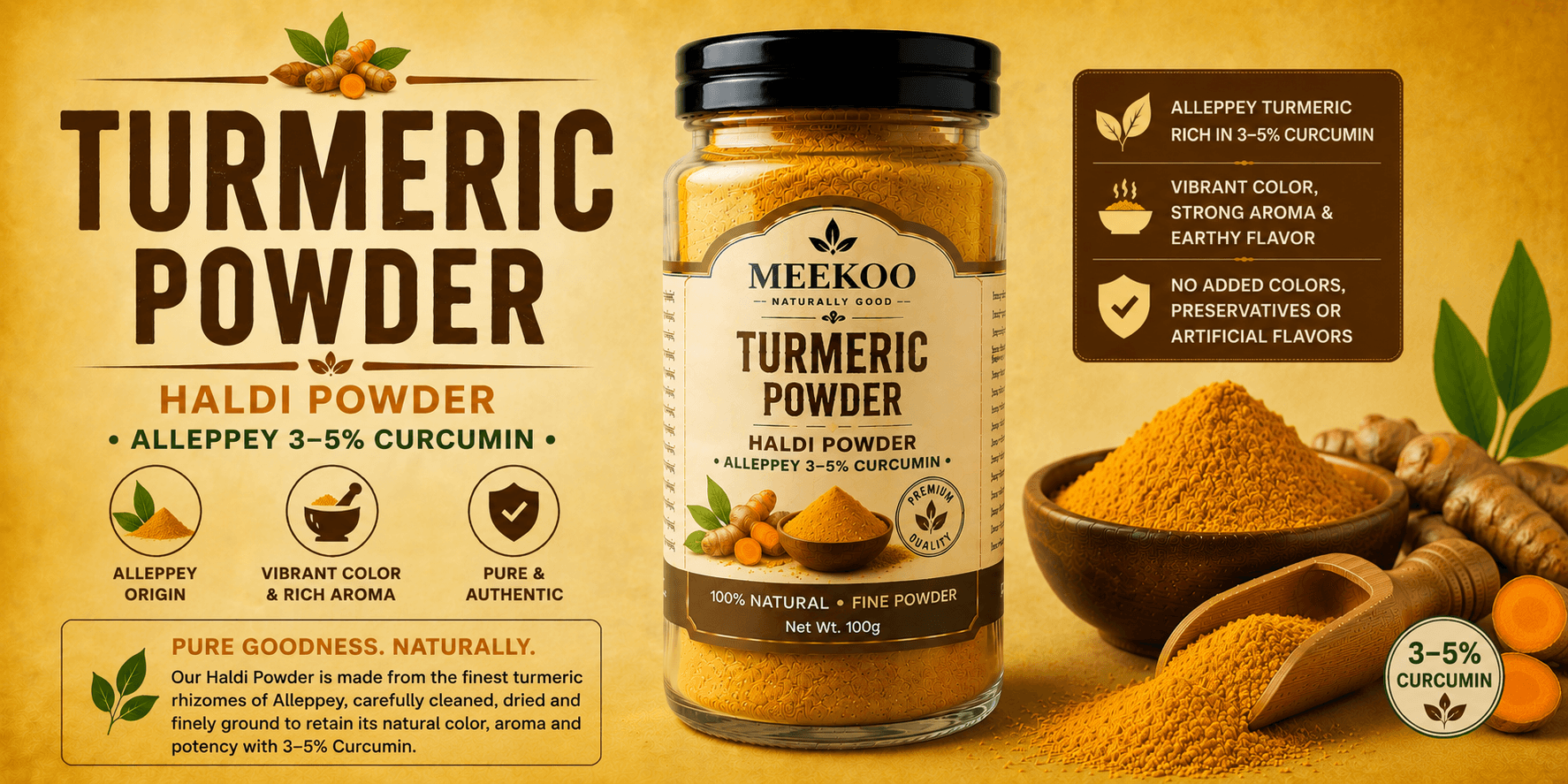 Turmeric Powder (Haldi Powder · Alleppey 3–5% Curcumin) — Meekoo organic