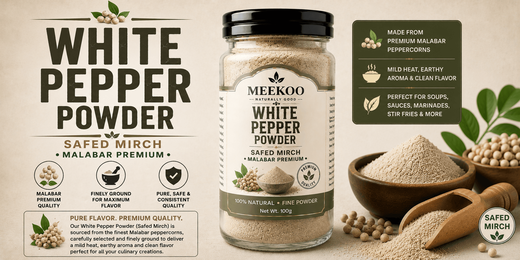 White Pepper Powder (Safed Mirch · Malabar Premium) — Meekoo organic