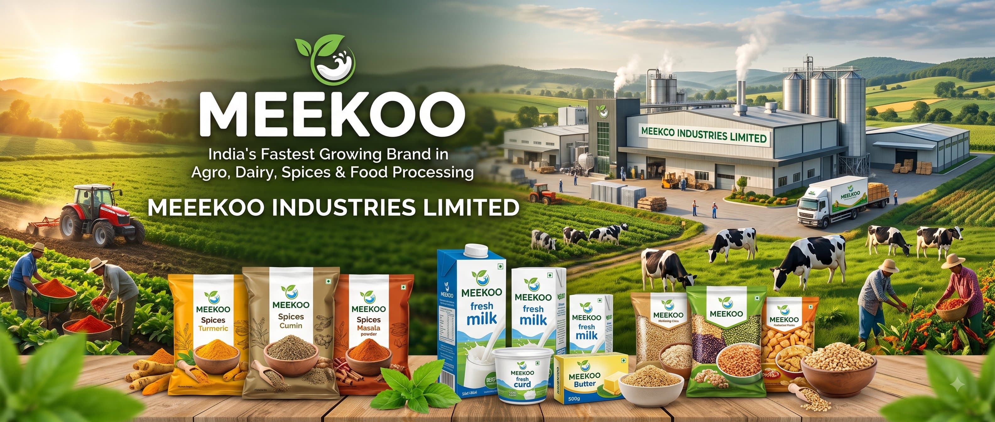 Meekoo Industries — India's fastest growing brand in agro, dairy, spices and food processing: farms, factory and product range