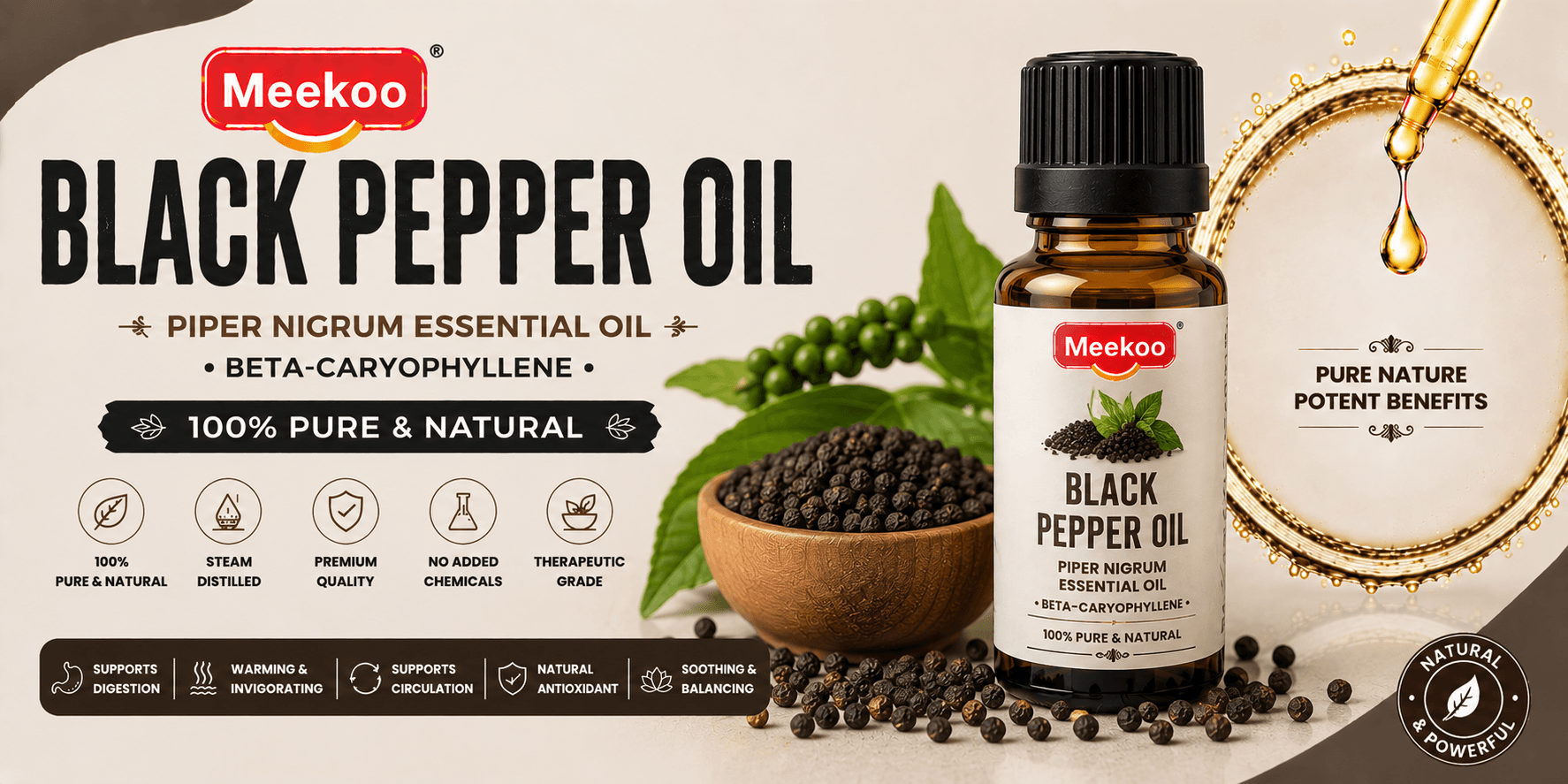 Black Pepper Oil (Piper nigrum Essential Oil · Beta-Caryophyllene) — Meekoo organic